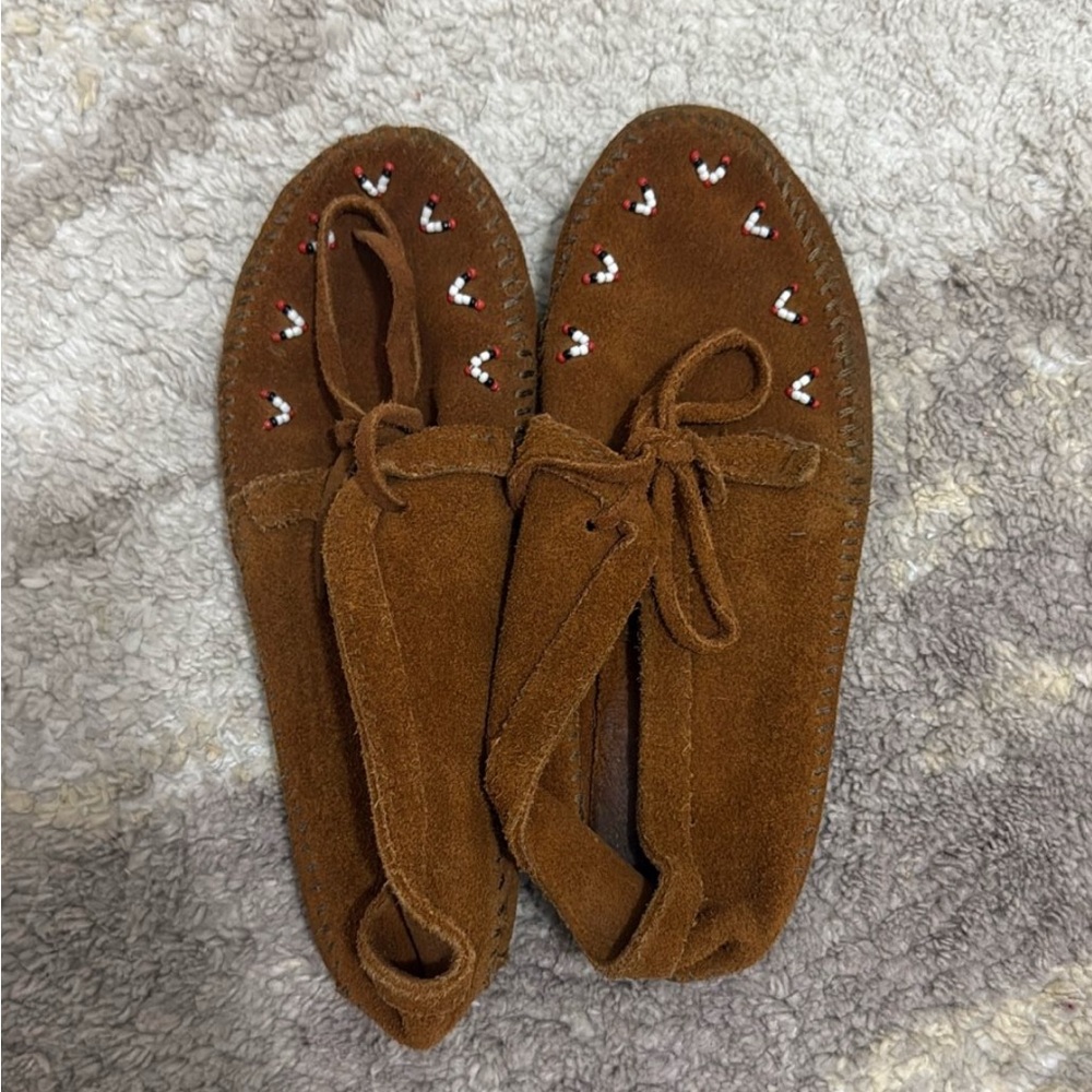 Minnetonka Brown Moccasins with Heart Beading
